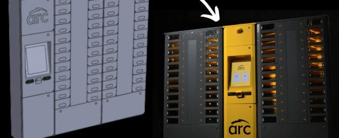A comparison image showing a digital sketch of a smart locker system labeled "arc" on the left and a real-life version of the same locker system on the right. The real-life version has a yellow central unit with a screen and multiple locker compartments on both sides.
