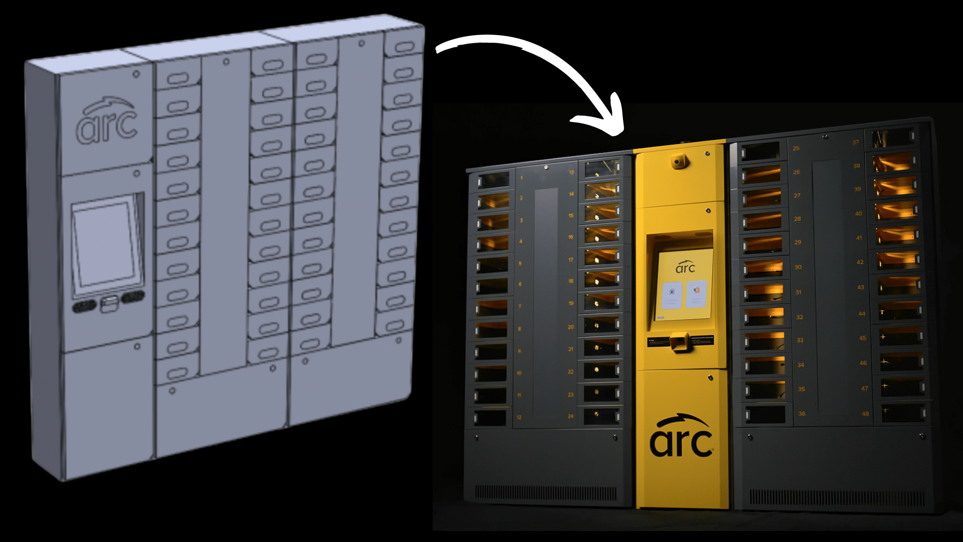 A comparison image showing a digital sketch of a smart locker system labeled "arc" on the left and a real-life version of the same locker system on the right. The real-life version has a yellow central unit with a screen and multiple locker compartments on both sides.