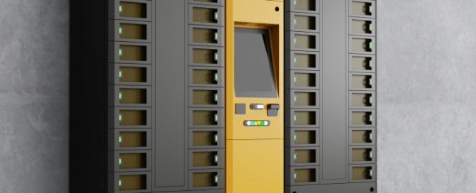 An ARC intelligent locker system with multiple lockers and a central touchscreen. This design won a Bronze A' Design Award in 2022, proudly indicated by the award badge displayed at the bottom of the image.