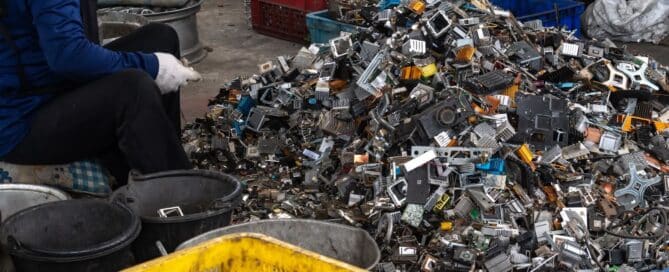 A person wearing a blue shirt and gloves is sitting next to a large pile of discarded electronic components and scrap metal. Buckets and crates surround the person, indicating the environmental impact of poor device management.