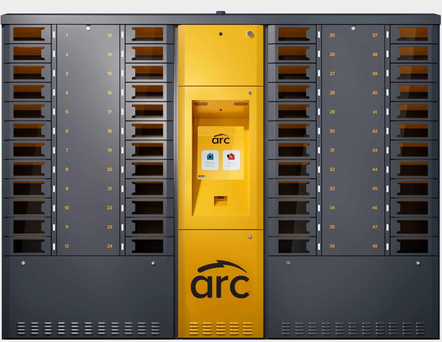 An ARC intelligent locker system. It has numerous numbered compartments, with a touch screen and card slots for accessing the lockers in the middle.