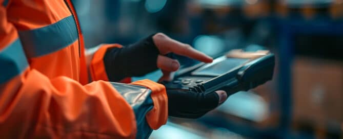 A person wearing orange and reflective safety clothing is holding and operating a handheld electronic device in a warehouse setting, with shelves of boxes in the blurred background. The individual is also wearing black gloves.
