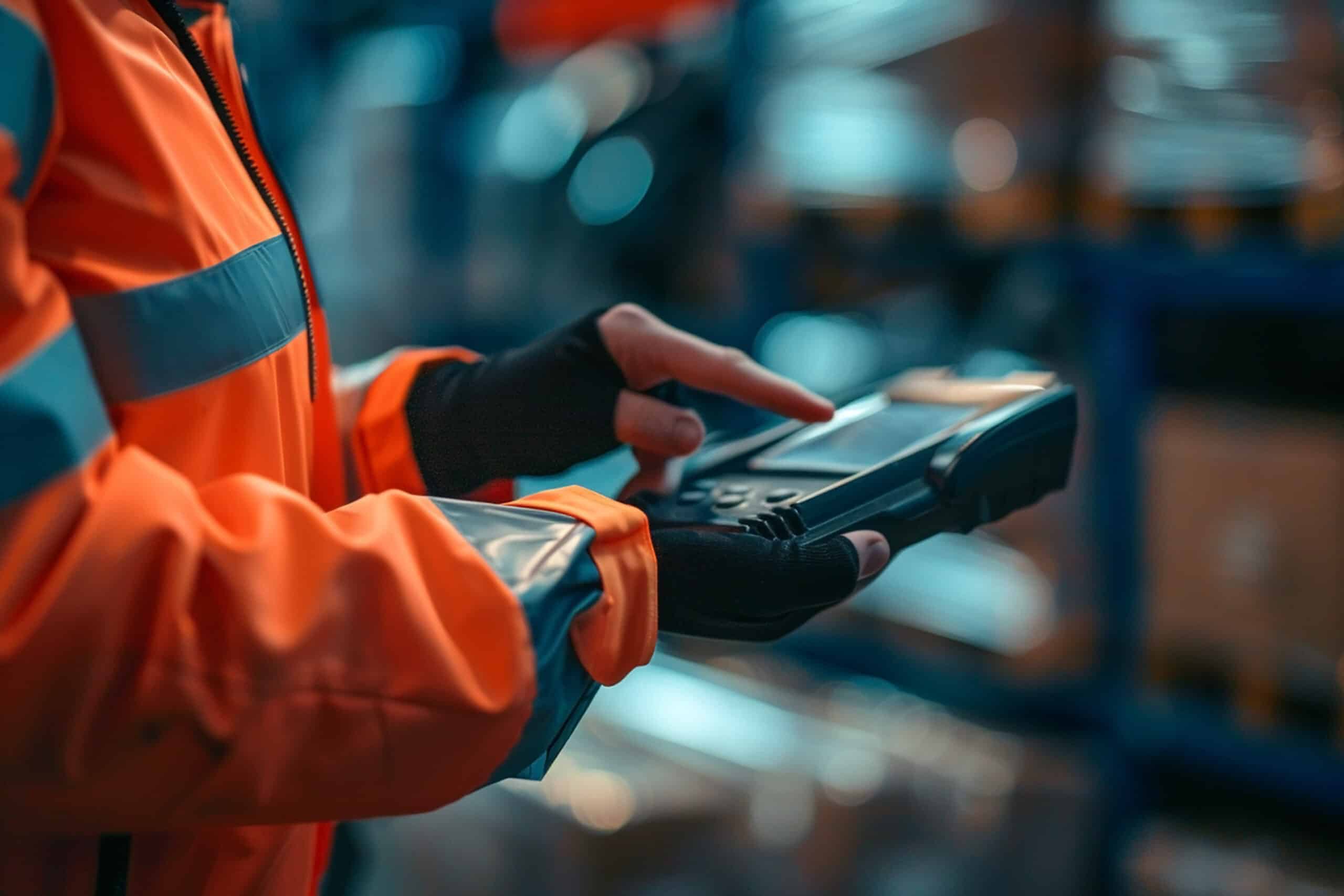 A person wearing orange and reflective safety clothing is holding and operating a handheld electronic device in a warehouse setting, with shelves of boxes in the blurred background. The individual is also wearing black gloves.