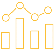 A line graph with five vertical bars of varying heights. A line with circular data points intersects the tops of each bar, illustrating a trend or data comparison. The color scheme is orange and yellow.