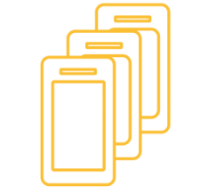 Stylized yellow outline of three overlapping smartphones, one in front and two slightly behind, creating a layered effect. The design is simple, with a transparent background.