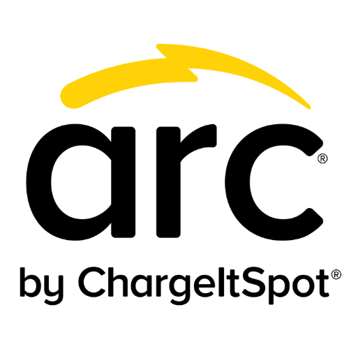 Logo with the word "arc" in bold, black lowercase letters. A yellow curved shape resembling an arc is above the "a". Below, in smaller text, it reads "by ChargeItSpot." The background is white.